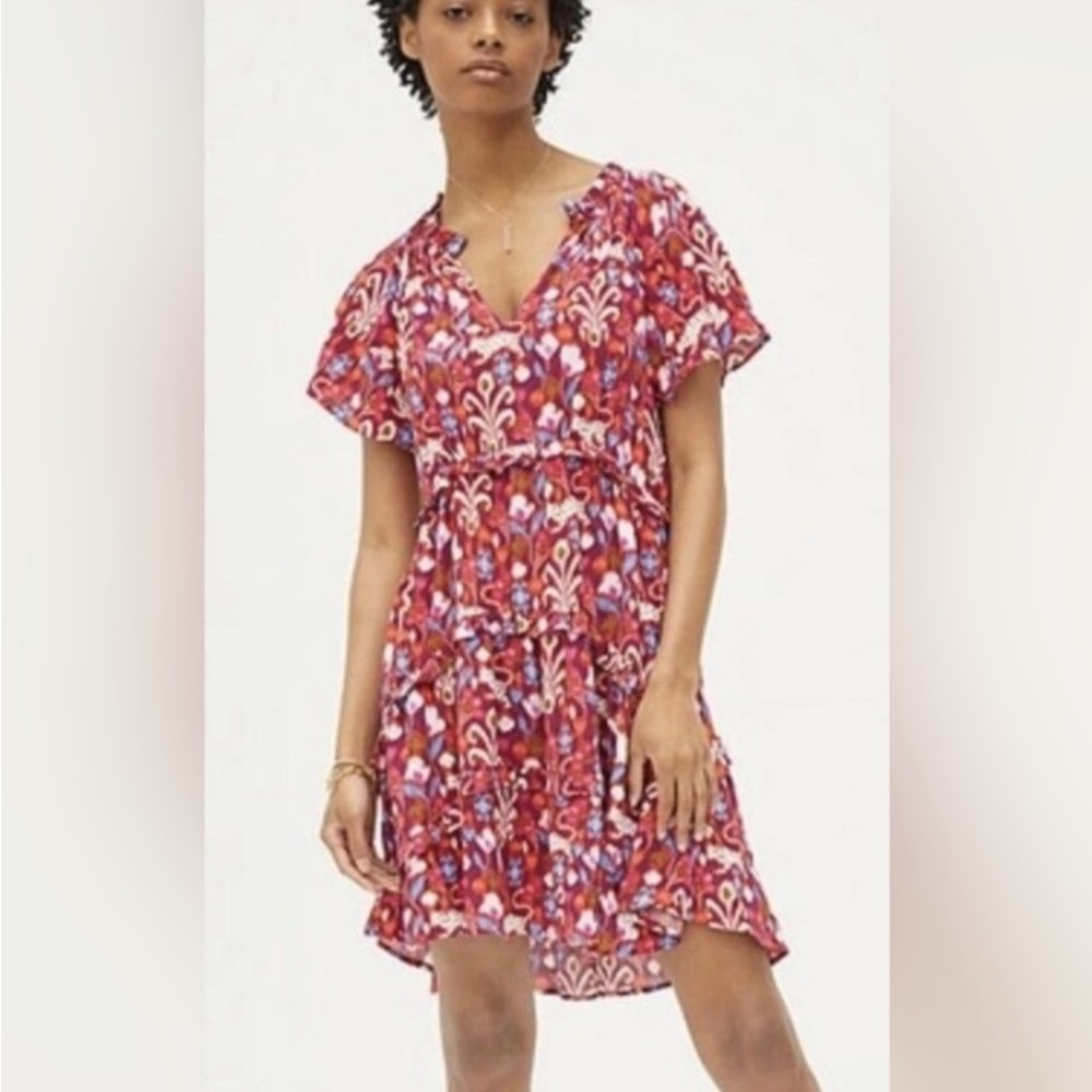 Anthropologie Robin Tiered
Mini Dress Raspberry Cheetah Print Size XS.
